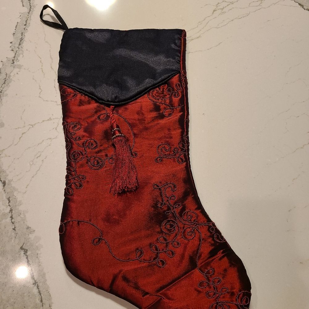 Christmas‎ Stocking Satin Soutache Embroidered 20" Elegant Tassel Deep Red NEW